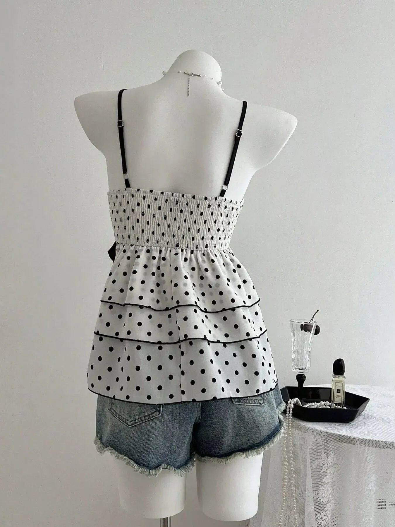 Polka Dot Ruffle Hem Cami with Lace Trim and Waist Tie