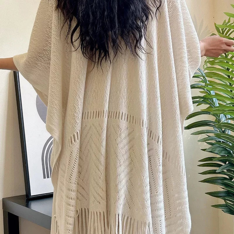 Knitted Fringe Openwork Scarf Shawl