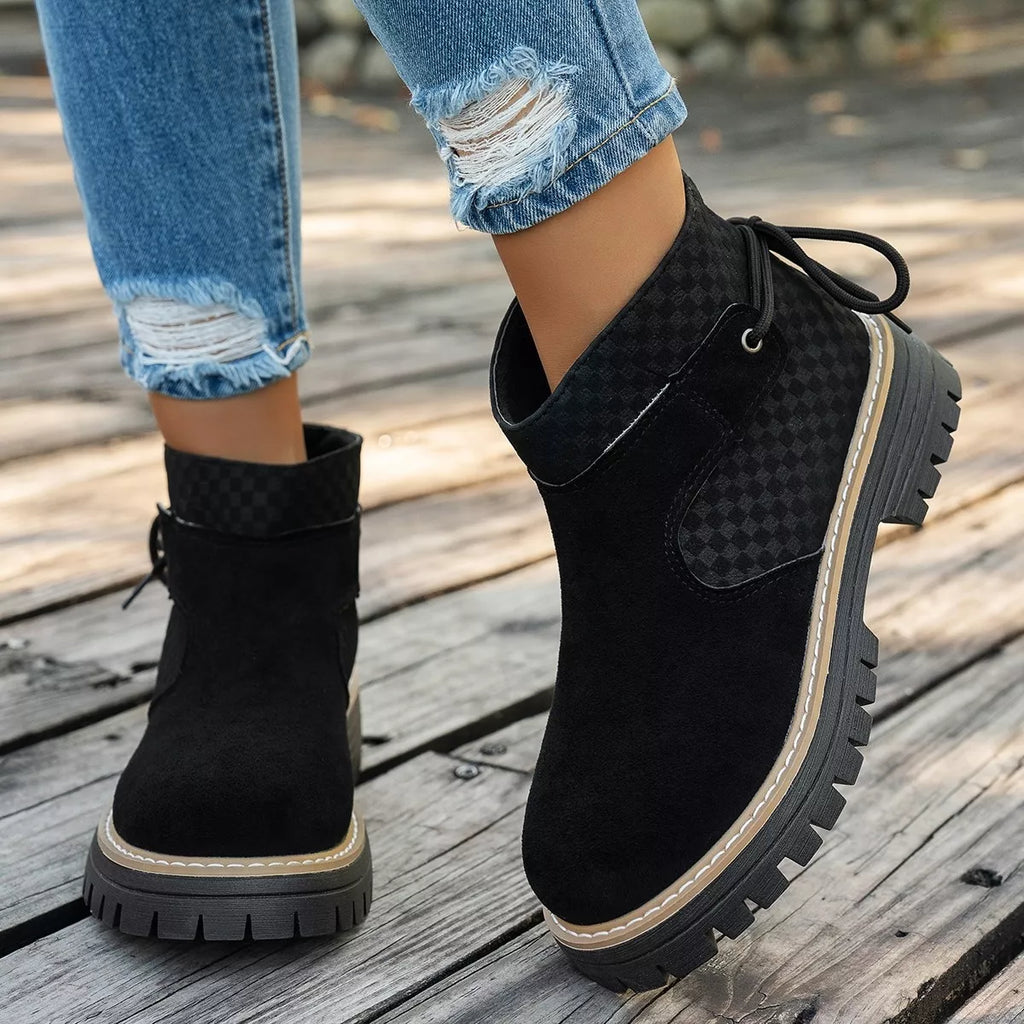 Women's Black Round Toe Platform Suede Boots with Check Detail
