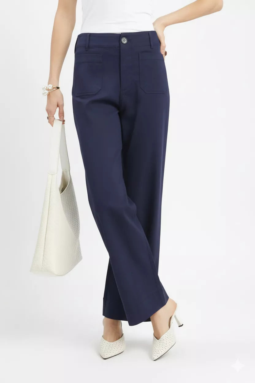 Women's Navy Stretched Button Closure Wide Leg Trousers