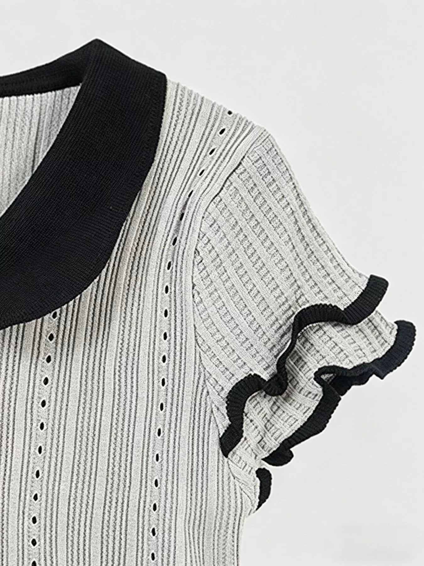 Pink Ribbed Knit Peter Pan Collar Crop Top with Frill Sleeves