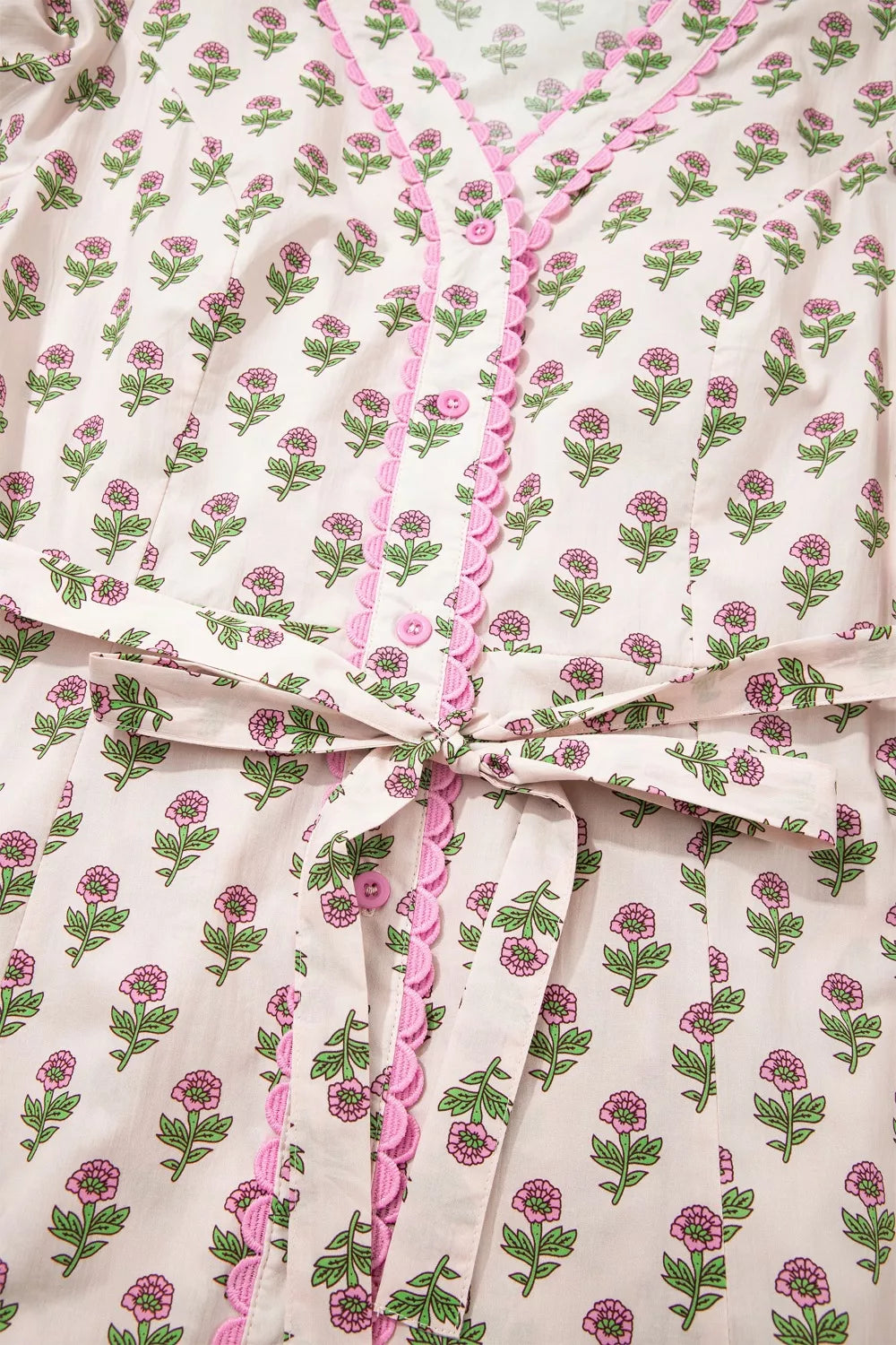 Floral Print Button Front Midi Dress with Scallop Trim Details