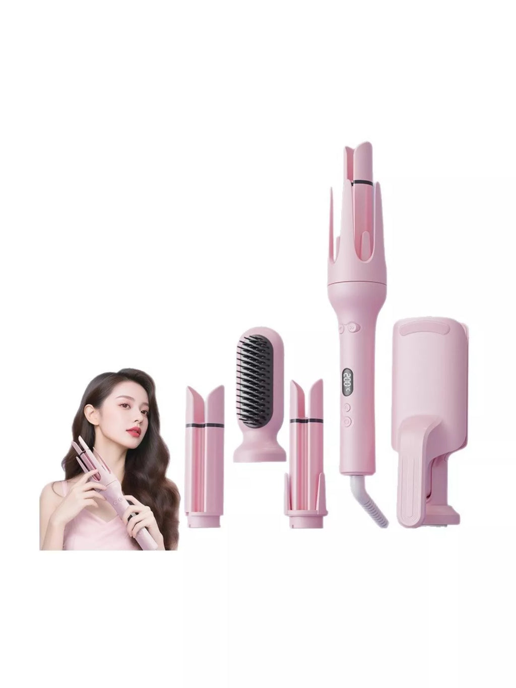 Pink 5-in-1 Ceramic Hair Curling Iron with Negative Ion Tech