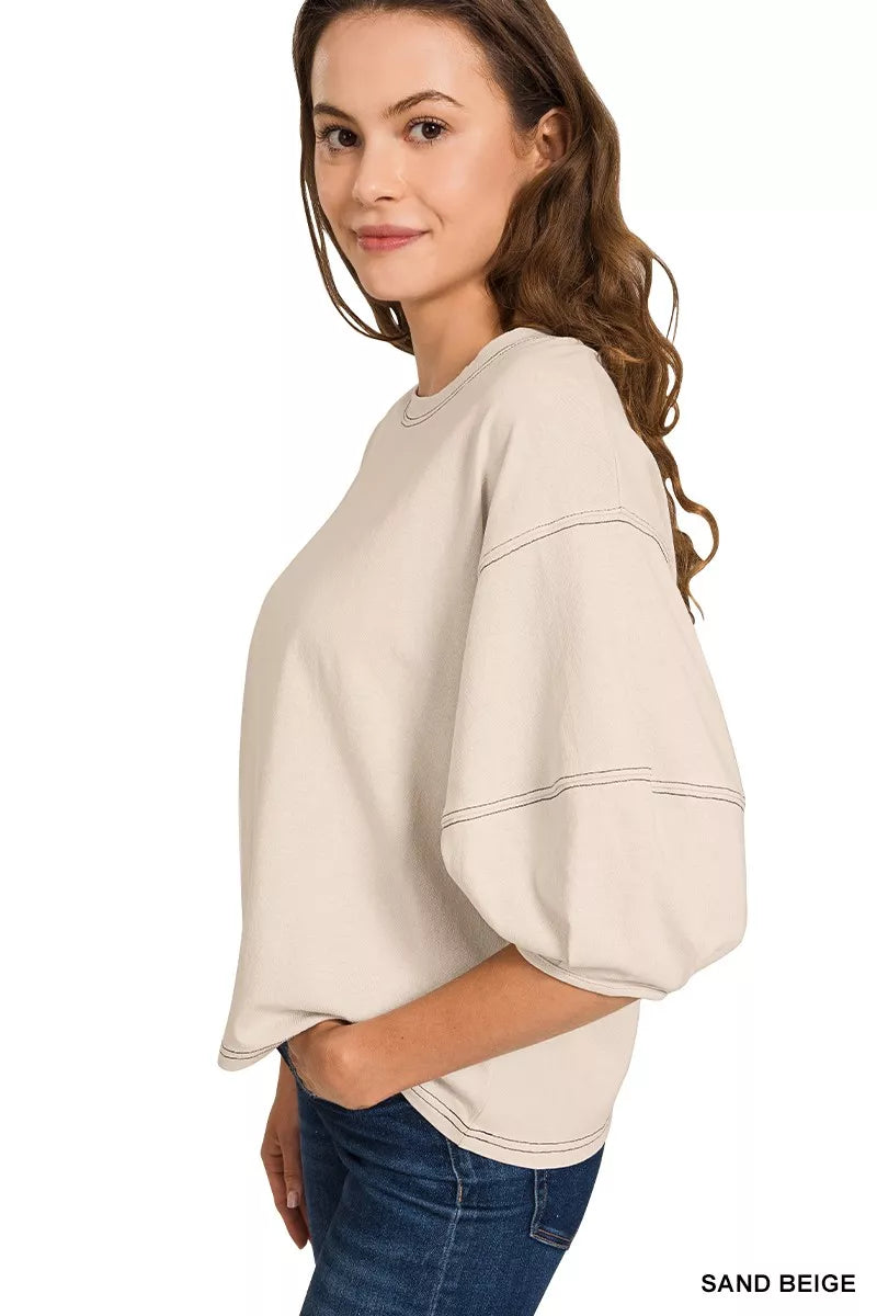 Zenana Balloon Sleeve Top | Cotton Contrast Stitching Tee