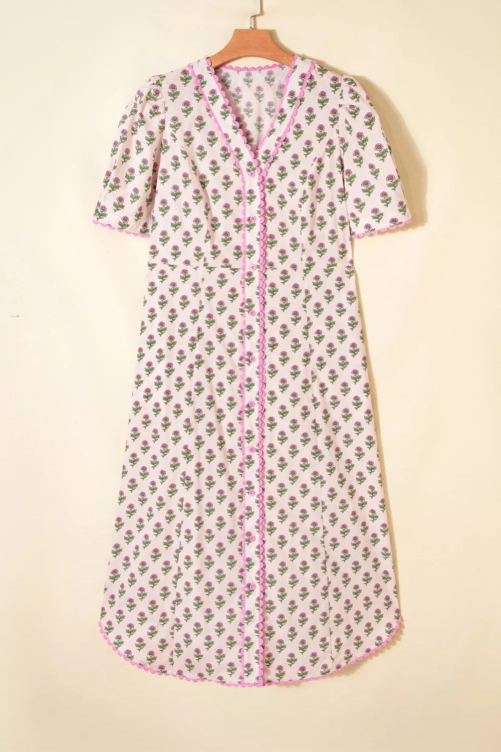 Floral Print Button Front Midi Dress with Scallop Trim Details