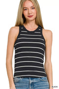 Women's Black and White Striped Round Neck Tank Top