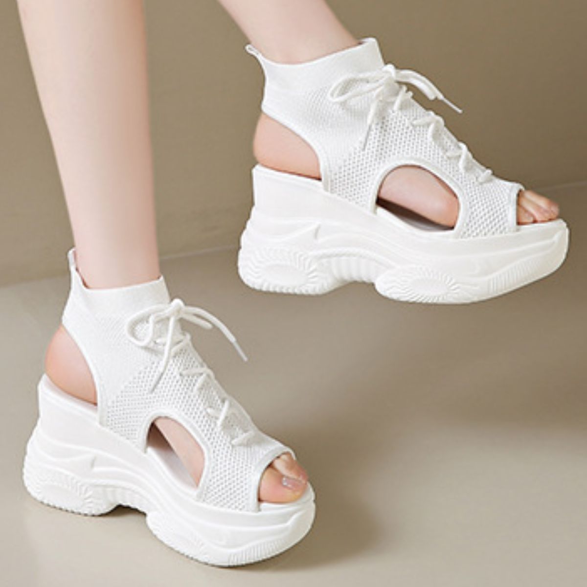 Women's Cutout Mesh Wedge Sandals - White & Black