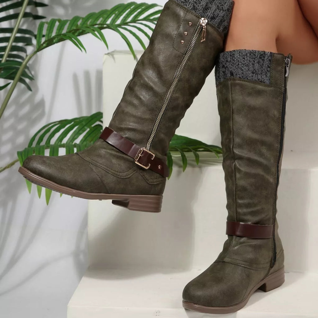 Women Black Suede Mid-Calf Boots with Knit Cuff and Buckle Detail