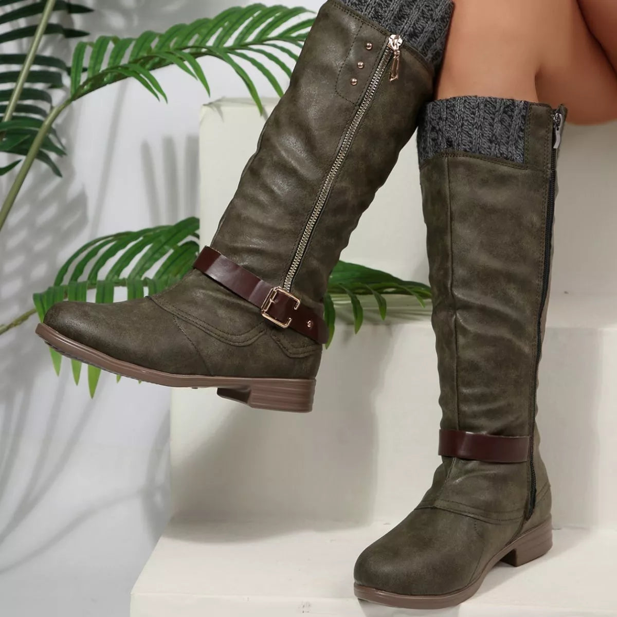 Women Black Suede Mid-Calf Boots with Knit Cuff and Buckle Detail