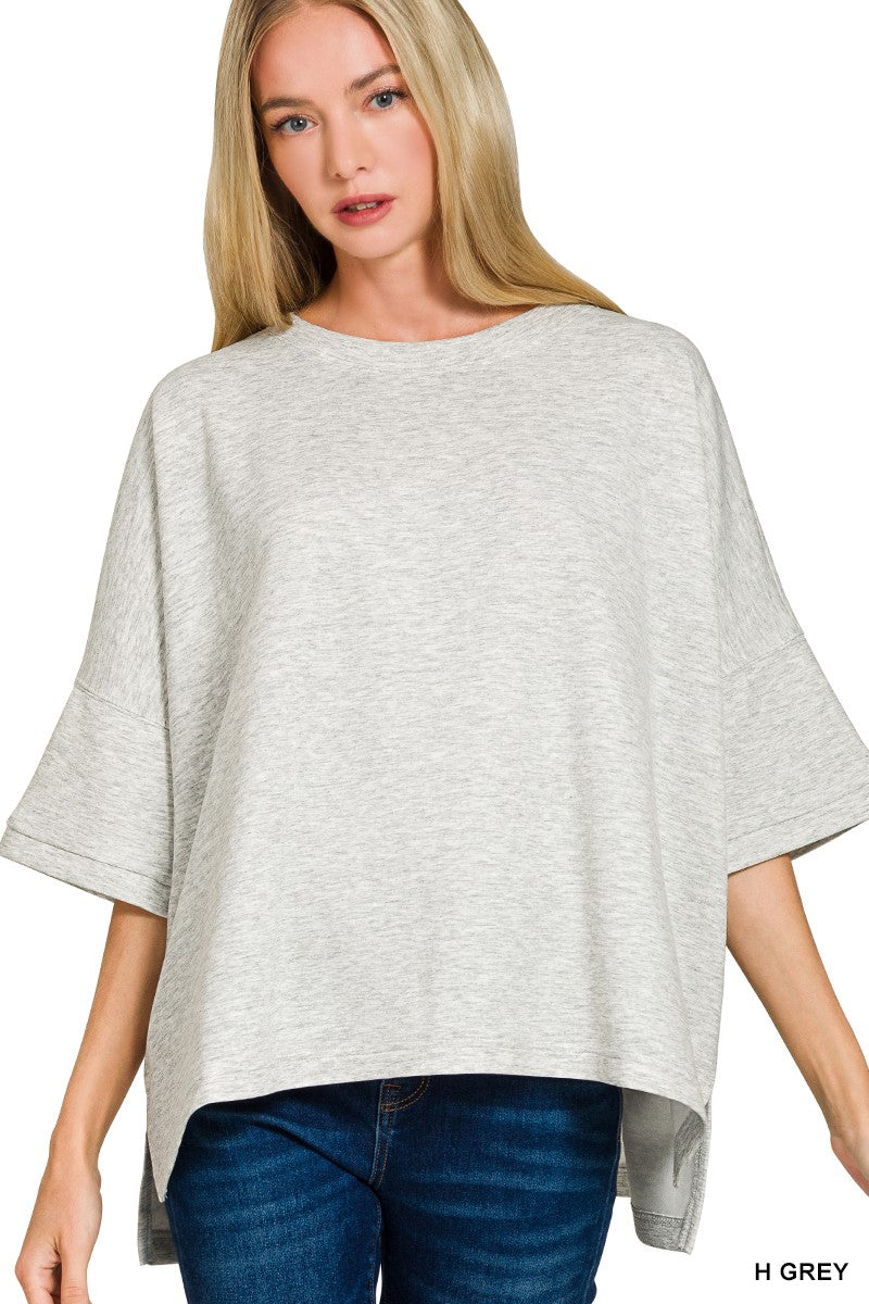Scuba Round Neck Top in Heather Grey with Side Slits