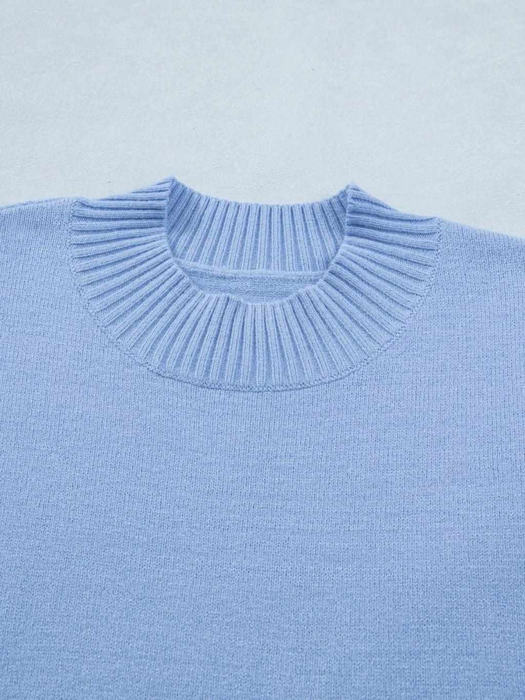 Blue Ribbed Knit Short Sleeve Sweater with Ruffle Trim