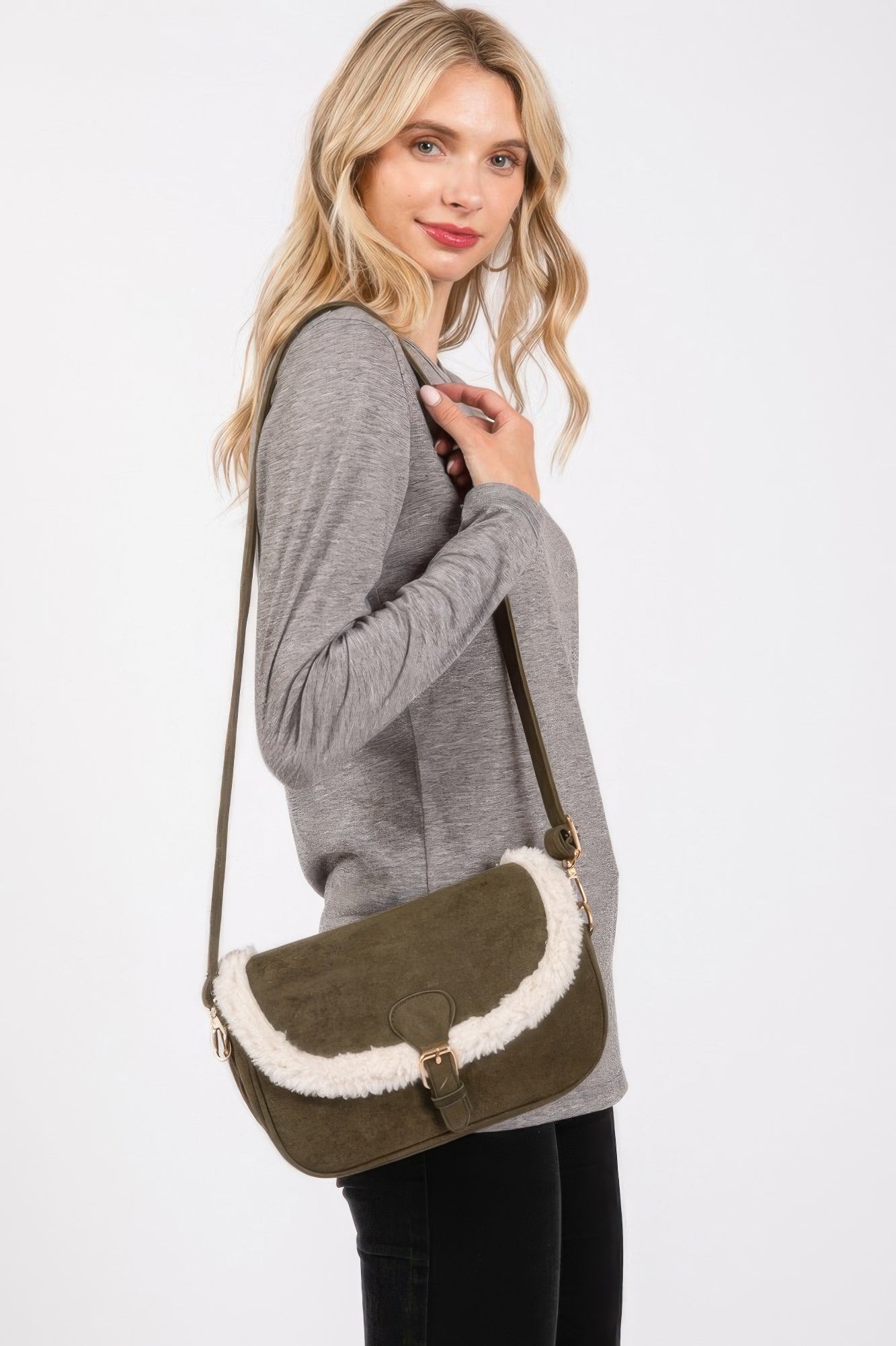 Fleece Trimmed Solid Crossbodybag Adjustable Strap