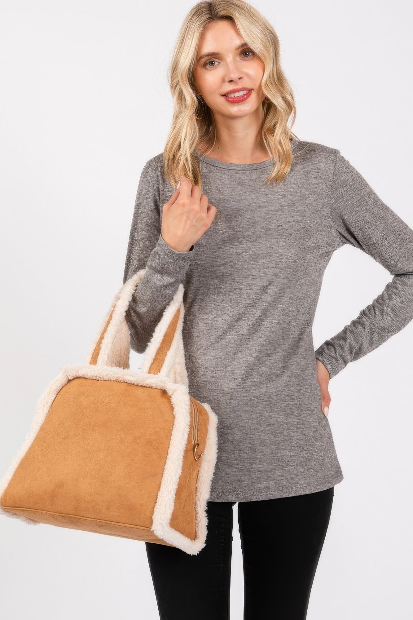 Fleece Trimmed Solid Tote And Crossbody Bag