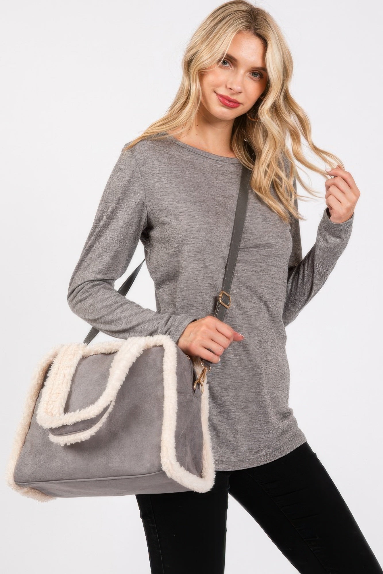 Fleece Trimmed Solid Tote And Crossbody Bag