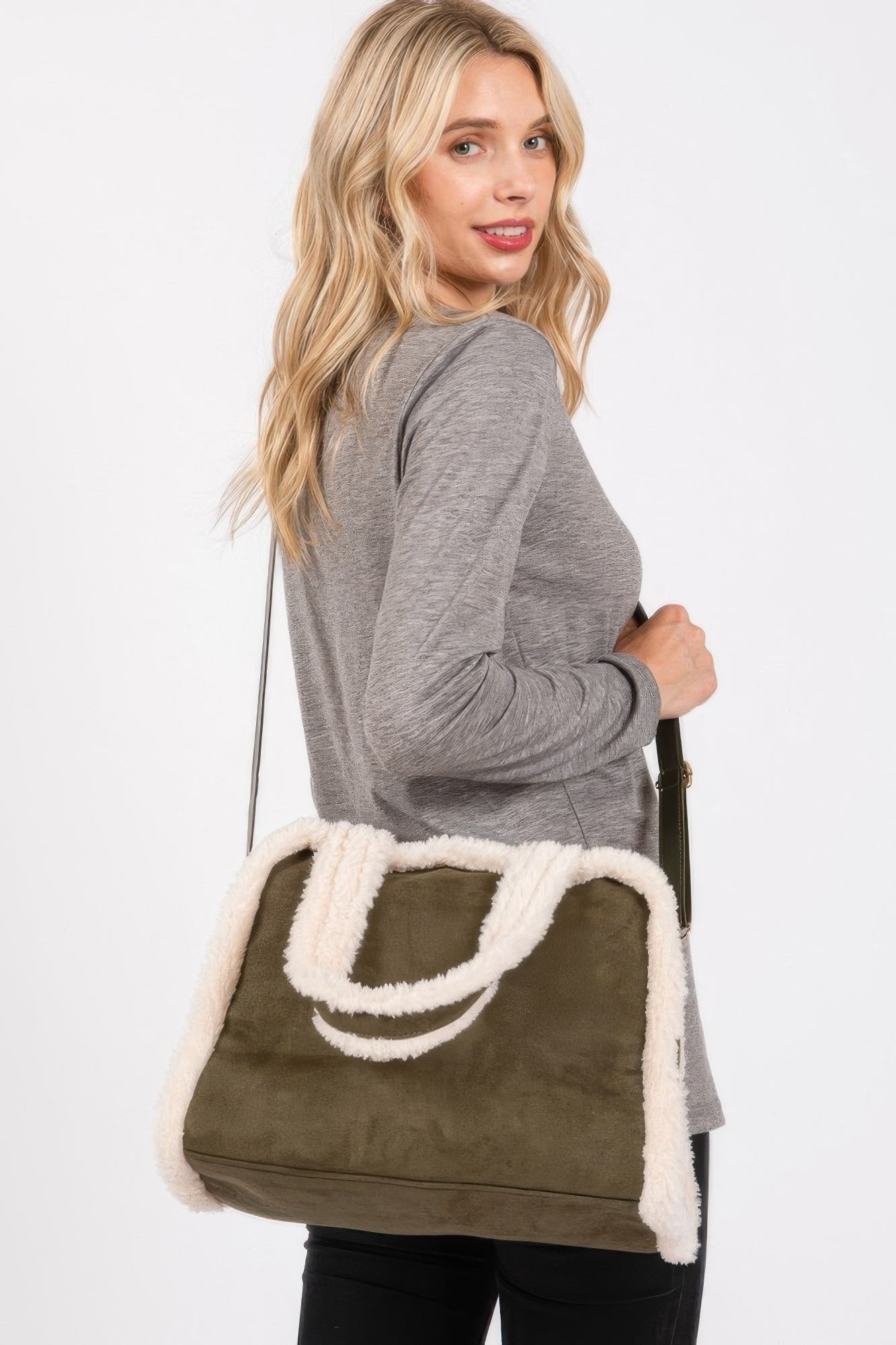 Fleece Trimmed Solid Tote And Crossbody Bag