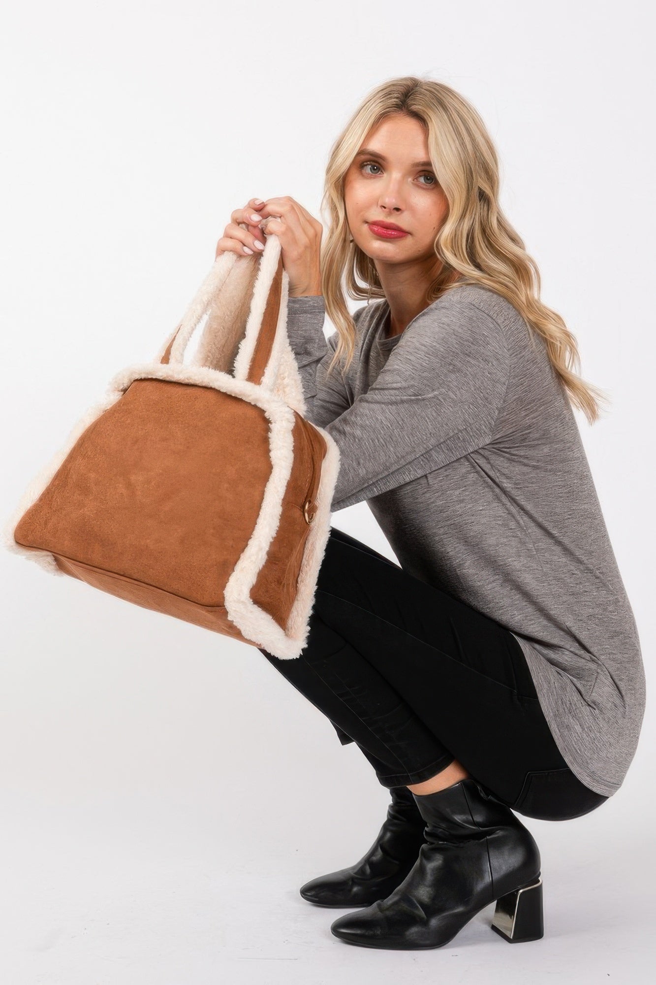 Fleece Trimmed Solid Tote And Crossbody Bag