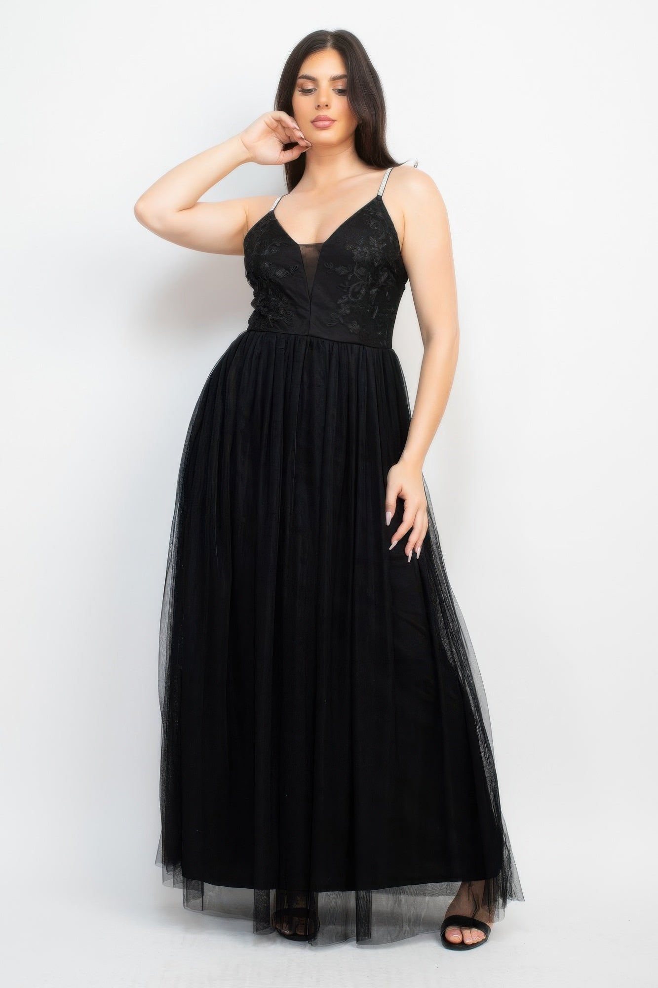 Glittered Straps Mesh Tulle Maxi Dress