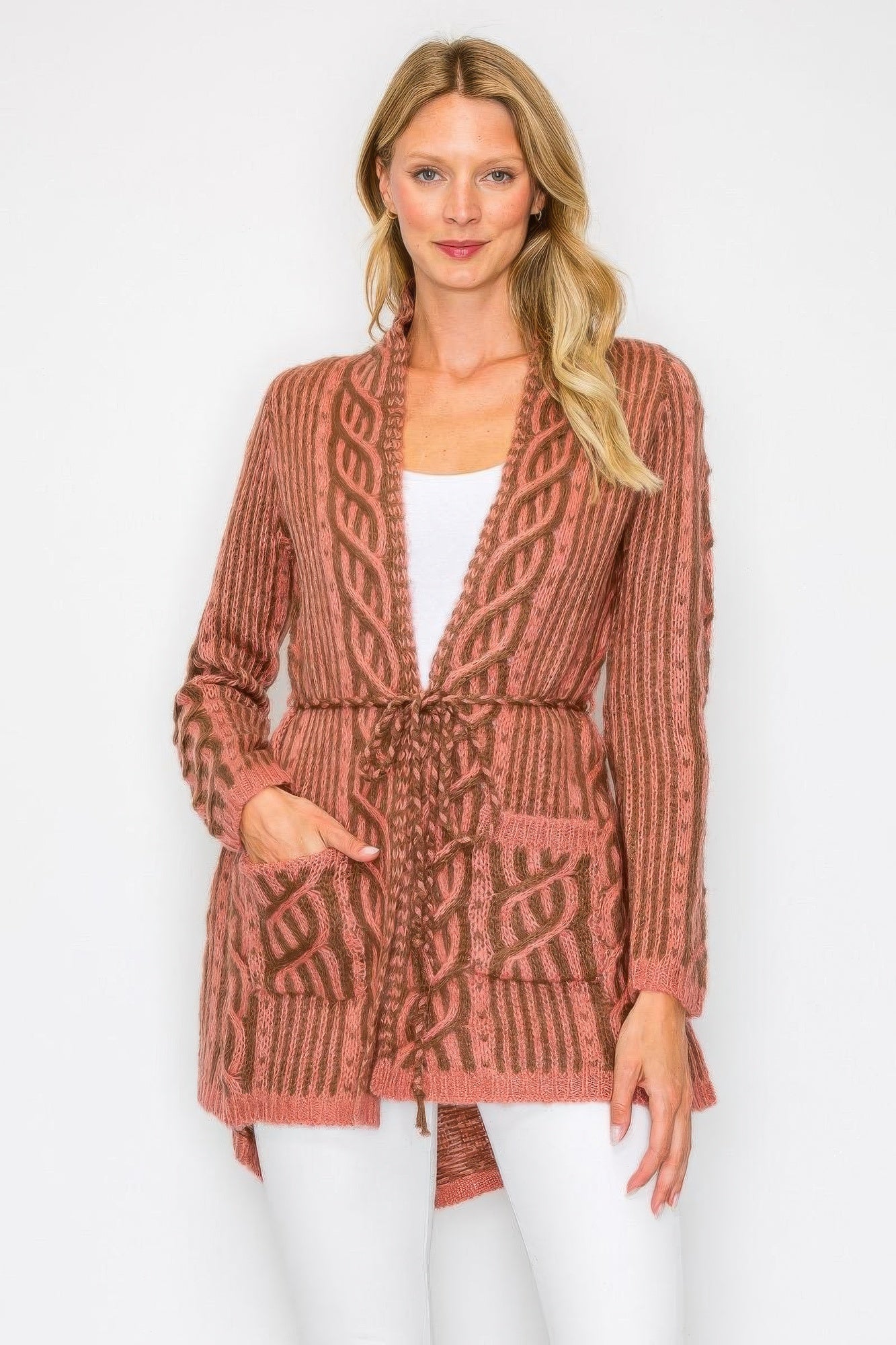 Open Wool Cardigan With Belt String & Front Pocket