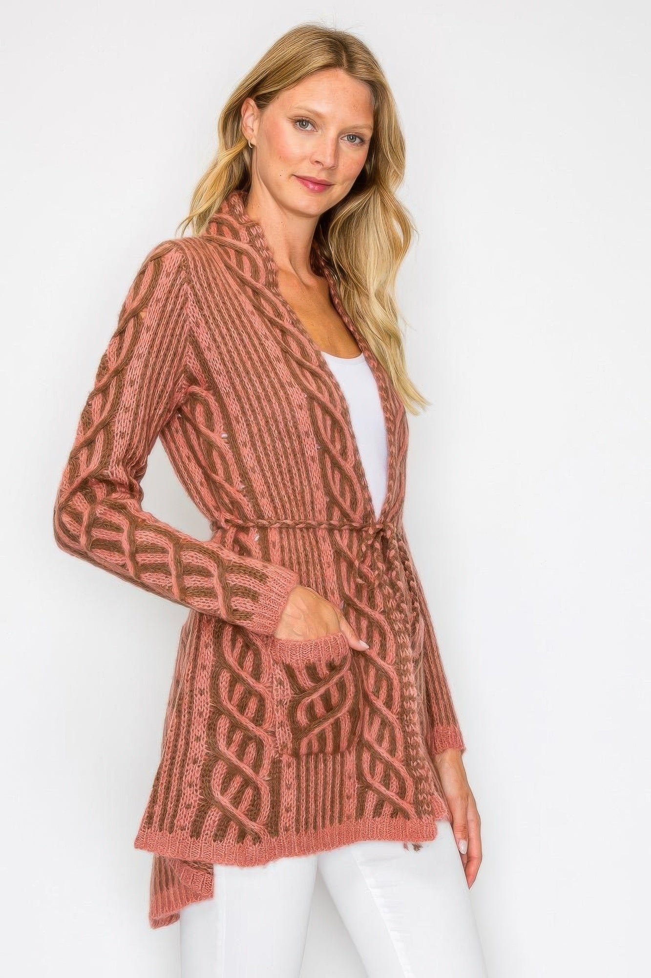 Open Wool Cardigan With Belt String & Front Pocket