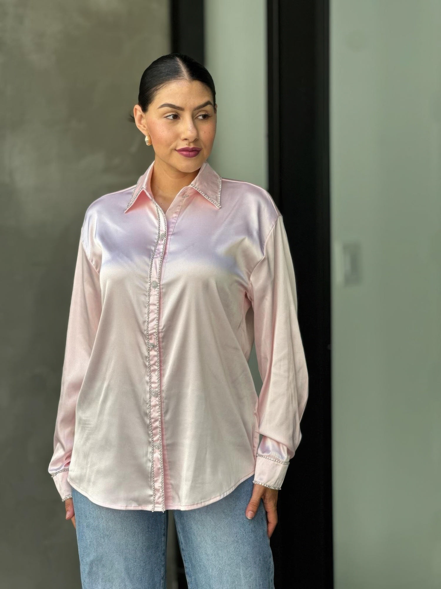 Rhinestone Diamond Lined Button Down Satin Blouse