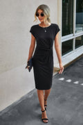 Solid Crewneck Short Sleeve High Waisted Fit Midi